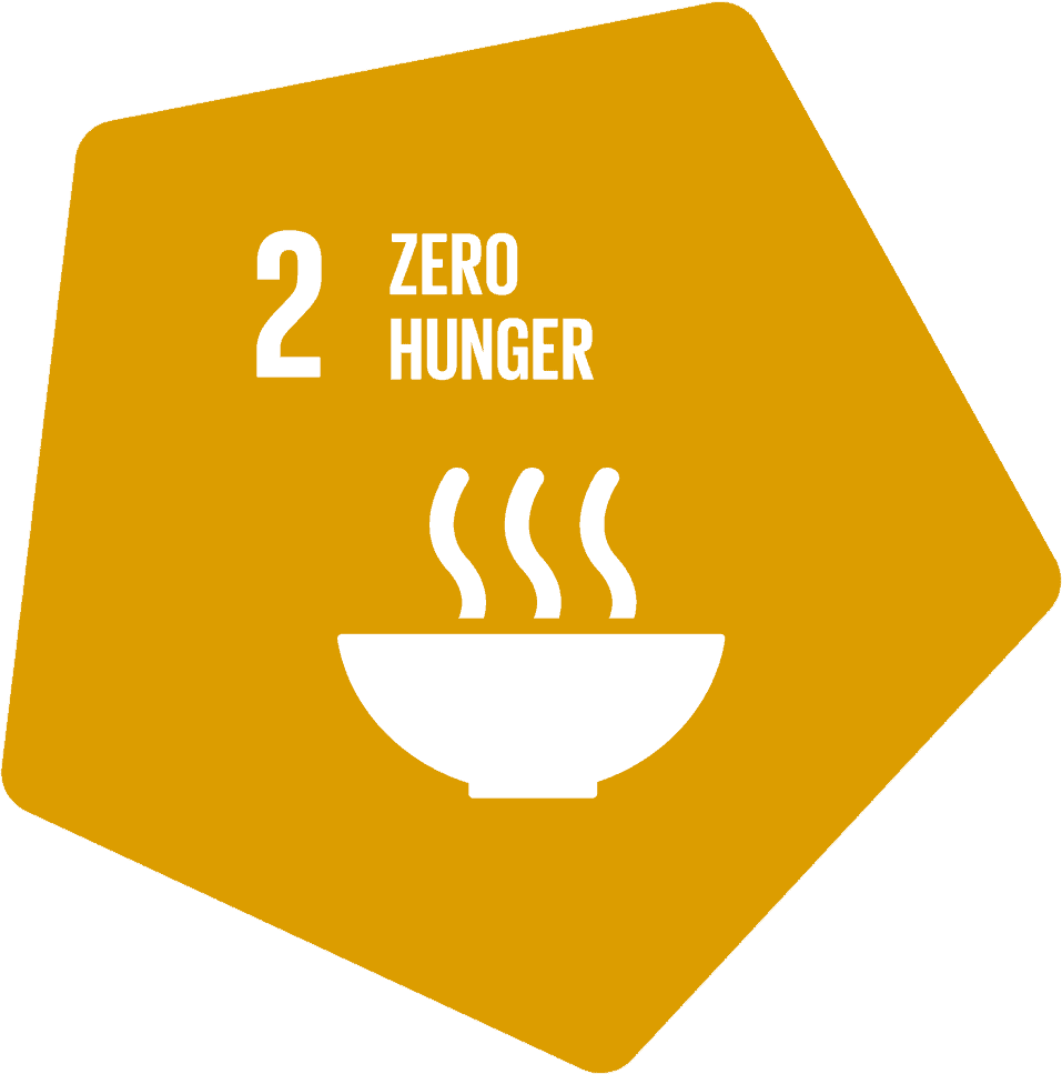 A yellow hexagon with the text "2 Zero Hunger" and a white bowl with steam, representing the United Nations Sustainable Development Goal 2.