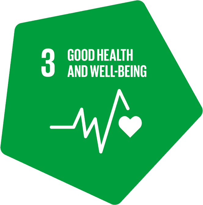 Icon for "Good Health and Well-Being" featuring number 3, a heartbeat line, and a heart symbol on a green polygon background.