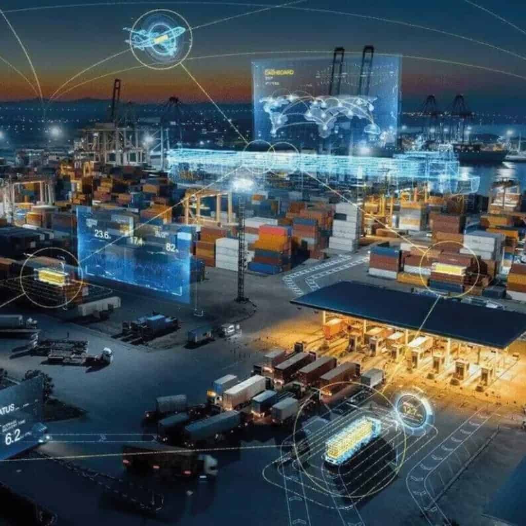 At dusk, a futuristic port buzzes with shipping containers, trucks, and cranes. Overlaid digital interfaces display data and connections, epitomizing smart logistics technology powered by Dassault Systèmes.