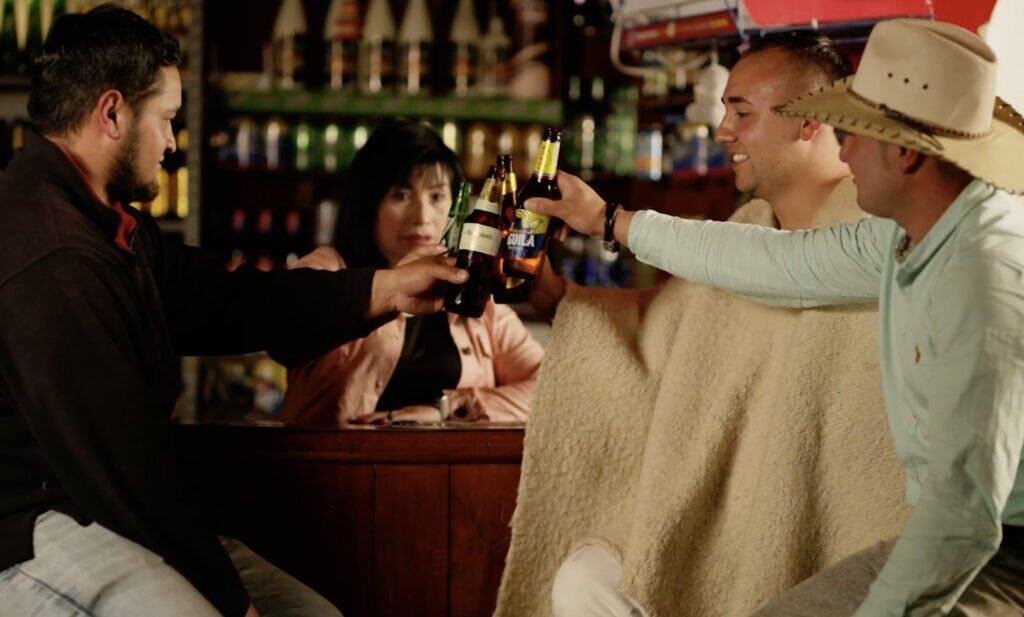 Three people sitting in a bar clink beer bottles, while a woman in the background observes. Shelves of bottles are visible behind them.