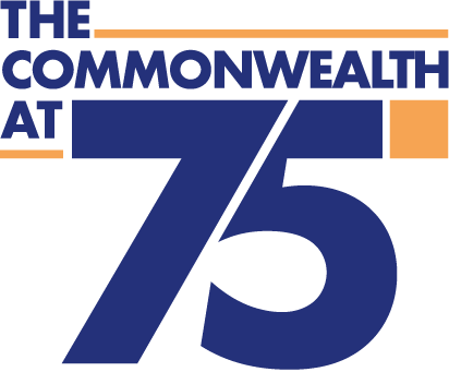 Logo with the text "Commonwealth 75" in bold blue letters, featuring a horizontal orange line above "75" and part of "Commonwealth," celebrating the Commonwealth anniversary.
