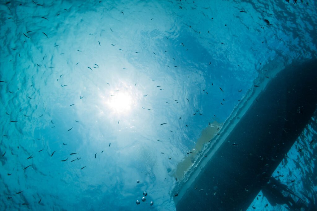 Underwater view looking up at the sun with small fish swimming near a boat hull and bubbles rising toward the surface.