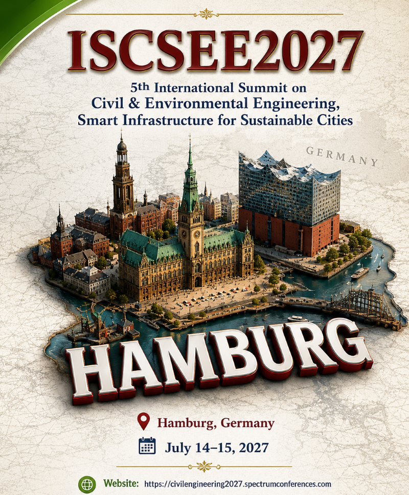 ISCSEE2027 conference announcement showing Hamburg landmarks, event title, dates July 14-15, 2027, and location in Hamburg, Germany, with website link at the bottom.