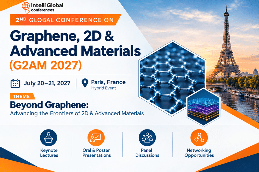 Conference banner for “Graphene, 2D & Advanced Materials 2027” in Paris, featuring event details, images of Paris and hexagonal graphene, and icons for keynote, presentations, panels, and networking.