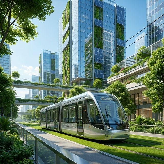 A modern tram in a green city with planted buildings and elevated walkways