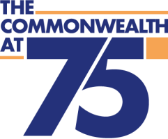 Logo with the text "Commonwealth 75" in bold blue letters, featuring a horizontal orange line above "75" and part of "Commonwealth," celebrating the Commonwealth anniversary.