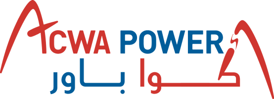 Logo of ACWA Power, featuring the company name in red and blue text with Arabic script below, and a stylized red arc above the letters.