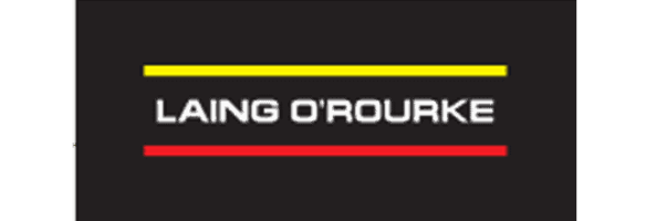 Laing O’Rourke's logo features white text elegantly framed by a striking yellow line above and a bold red line below, all set against a sleek black background.