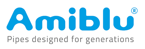 Logo with the text "Amiblu" in blue, followed by a registered trademark symbol. Below, the tagline reads "Pipes designed for generations" in gray.