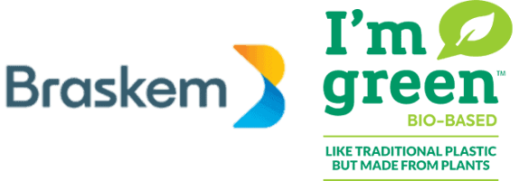 Logo for Braskem I'm green, promoting bio-based plastics made from plants with a leaf icon.