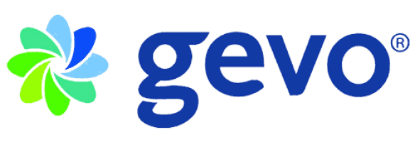 Gevo logo with a blue and green stylized flower design on the left and "gevo" text in blue on the right.