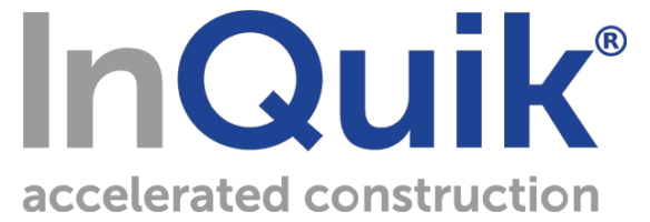 The InQuik logo with the tagline "accelerated construction" in lowercase letters, featuring gray and blue text.