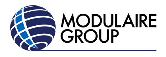 The Modulaire Group logo showcases a sophisticated blue and white globe beside the company name in sleek black lettering.