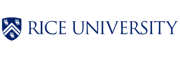 The Rice University logo, a nod to its Houston, Texas roots, showcases its name in blue text beside an emblem featuring three white owls and two chevrons on a shield.