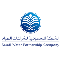The logo of the Saudi Water Partnership Company highlights a stylized blue and white water-themed design, capturing the essence of their mission. It is accompanied by text in both Arabic and English, representing their strong presence in Saudi Arabia's water sector.