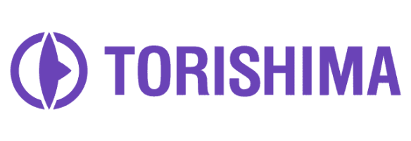Purple "Torishima" text with an abstract circular logo on the left.