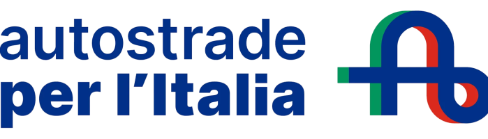 The logo of "Autostrade per l'Italia" features blue text beside a stylized design interweaving blue, green, and red elements, capturing the essence of Italy's vibrant landscape.