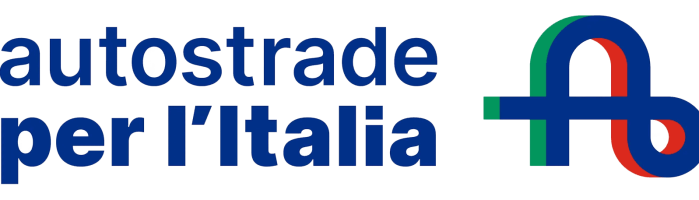 The logo of "Autostrade per l'Italia" features blue text beside a stylized design interweaving blue, green, and red elements, capturing the essence of Italy's vibrant landscape.