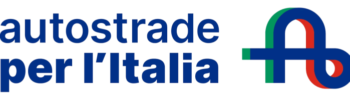 The logo of "Autostrade per l'Italia" features blue text beside a stylized design interweaving blue, green, and red elements, capturing the essence of Italy's vibrant landscape.